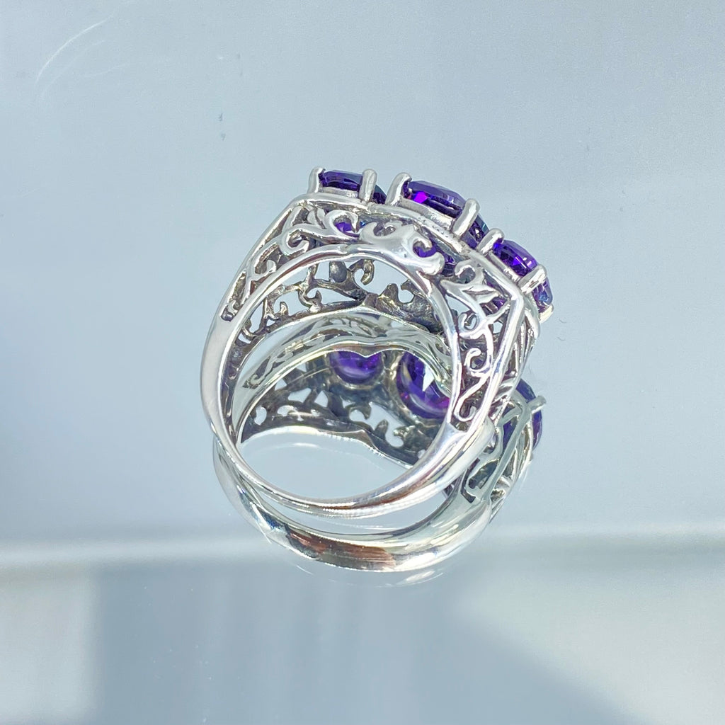 Purple Amethyst CZ Ring, three stone, Sterling silver filigree, Art Deco jewelry, Silver embrace Jewelry, D36, 3Stone Ring