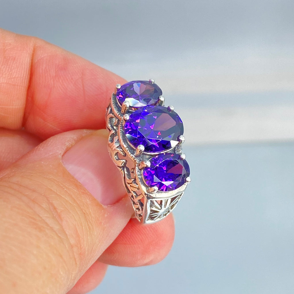 Purple Amethyst CZ Ring, three stone, Sterling silver filigree, Art Deco jewelry, Silver embrace Jewelry, D36, 3Stone Ring