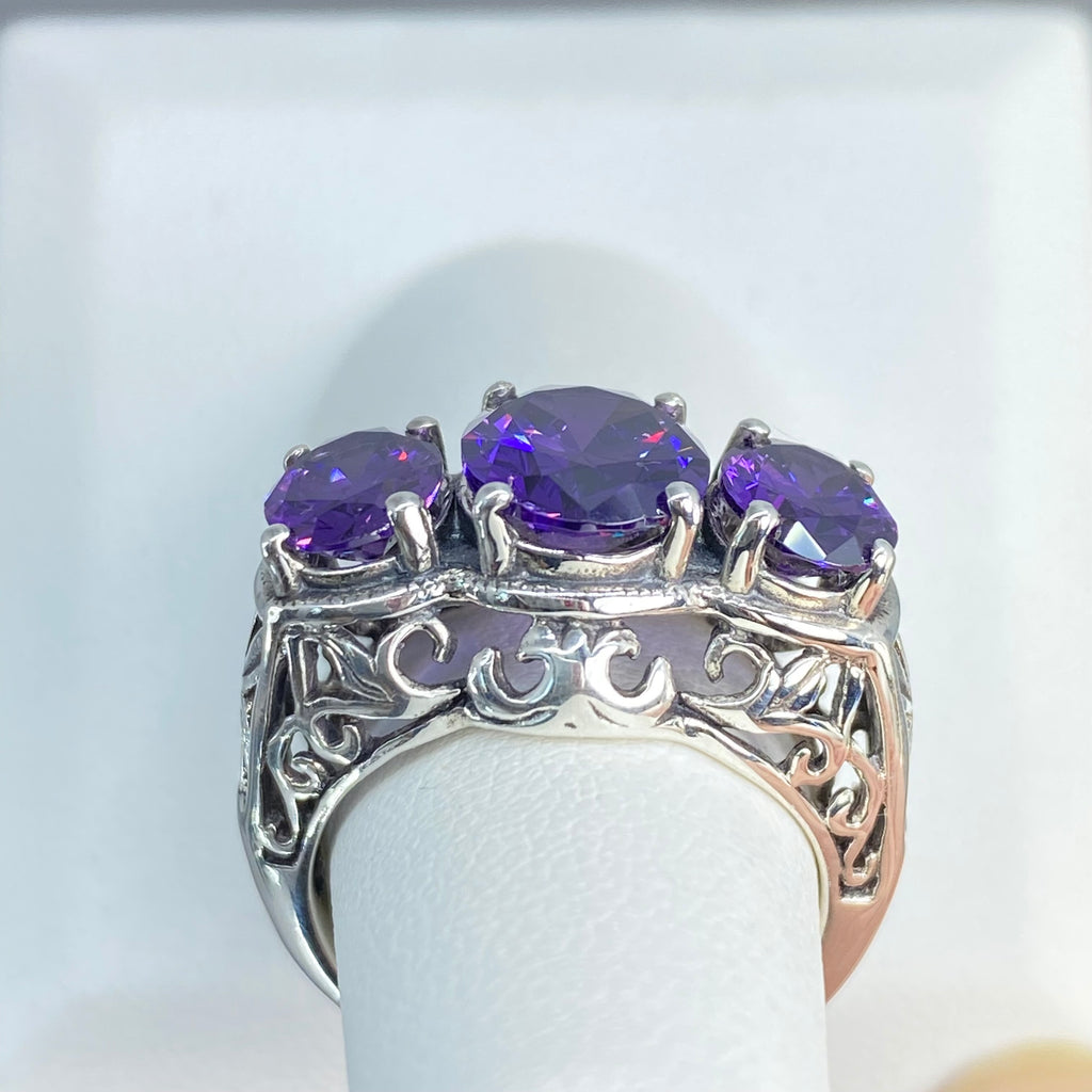 Purple Amethyst CZ Ring, three stone, Sterling silver filigree, Art Deco jewelry, Silver embrace Jewelry, D36, 3Stone Ring