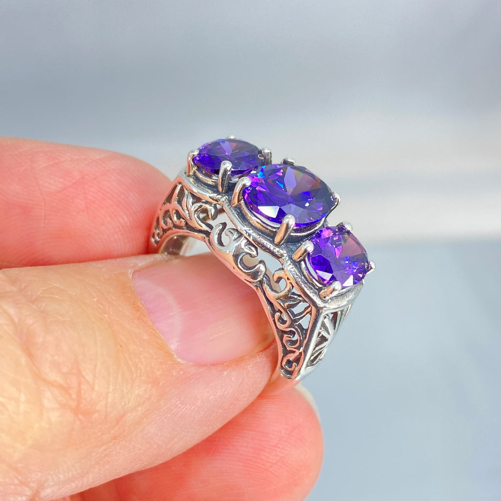 Purple Amethyst CZ Ring, three stone, Sterling silver filigree, Art Deco jewelry, Silver embrace Jewelry, D36, 3Stone Ring