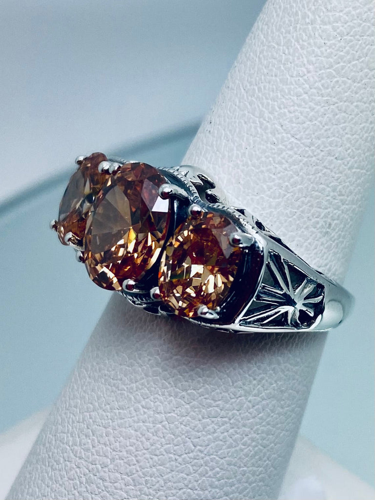 Peach Ring, CZ Ring, Peach Cubic Zirconia Ring, Cocktail Ring, Art Deco Jewelry, sterling silver filigree, Silver Embrace Jewelry, D36, 3-Stone Ring
