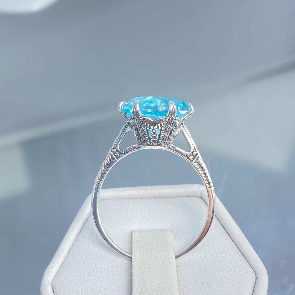 Sky Blue Aquamarine Ring, 12mm Gemstone, Classic engagement solitaire ring, etched sterling silver detail filigree, D37, Silver Embrace Jewelry