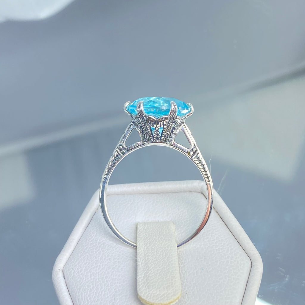 Sky Blue Aquamarine Ring, 12mm Gemstone, Classic engagement solitaire ring, etched sterling silver detail filigree, D37, Silver Embrace Jewelry