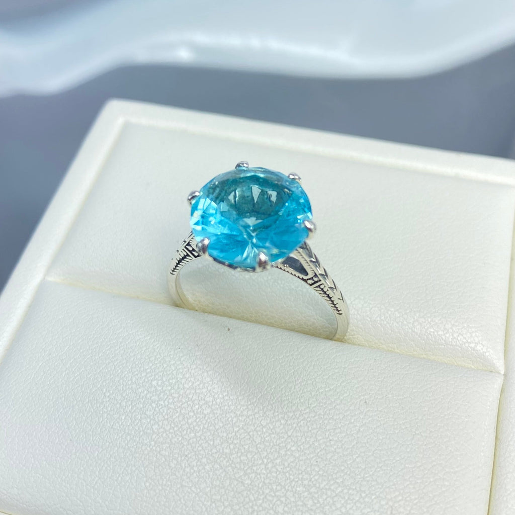 Sky Blue Aquamarine Ring, 12mm Gemstone, Classic engagement solitaire ring, etched sterling silver detail filigree, D37, Silver Embrace Jewelry