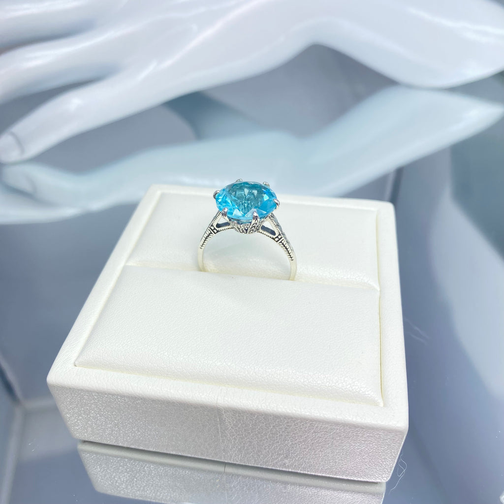 Sky Blue Aquamarine Ring, 12mm Gemstone, Classic engagement solitaire ring, etched sterling silver detail filigree, D37, Silver Embrace Jewelry