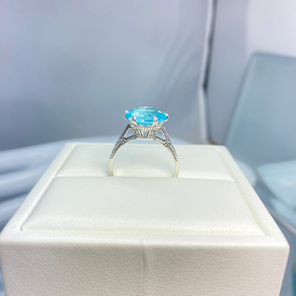 Sky Blue Aquamarine Ring, 12mm Gemstone, Classic engagement solitaire ring, etched sterling silver detail filigree, D37, Silver Embrace Jewelry