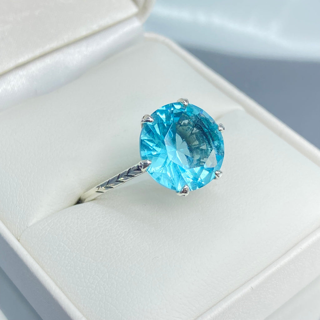 Sky Blue Aquamarine Ring, 12mm Gemstone, Classic engagement solitaire ring, etched sterling silver detail filigree, D37, Silver Embrace Jewelry