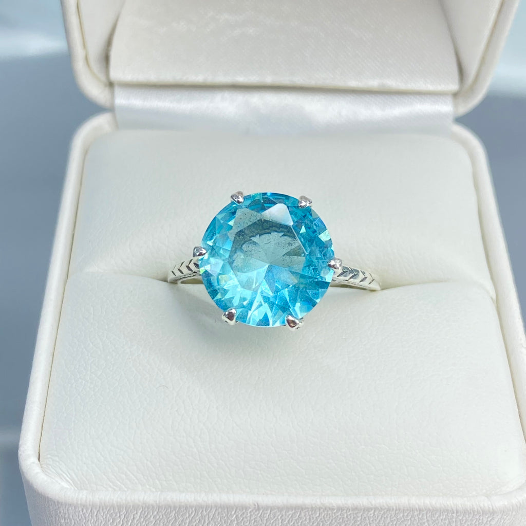 Sky Blue Aquamarine Ring, 12mm Gemstone, Classic engagement solitaire ring, etched sterling silver detail filigree, D37, Silver Embrace Jewelry