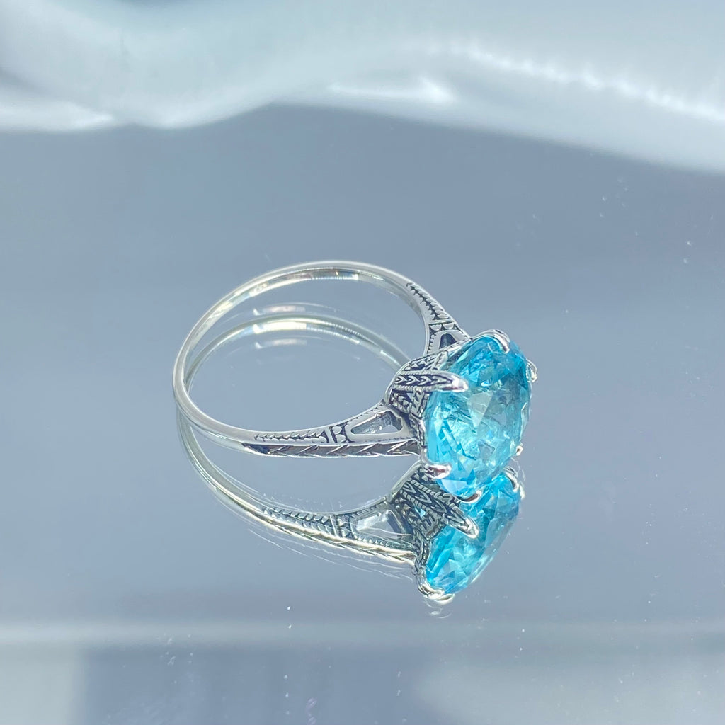 Sky Blue Aquamarine Ring, 12mm Gemstone, Classic engagement solitaire ring, etched sterling silver detail filigree, D37, Silver Embrace Jewelry