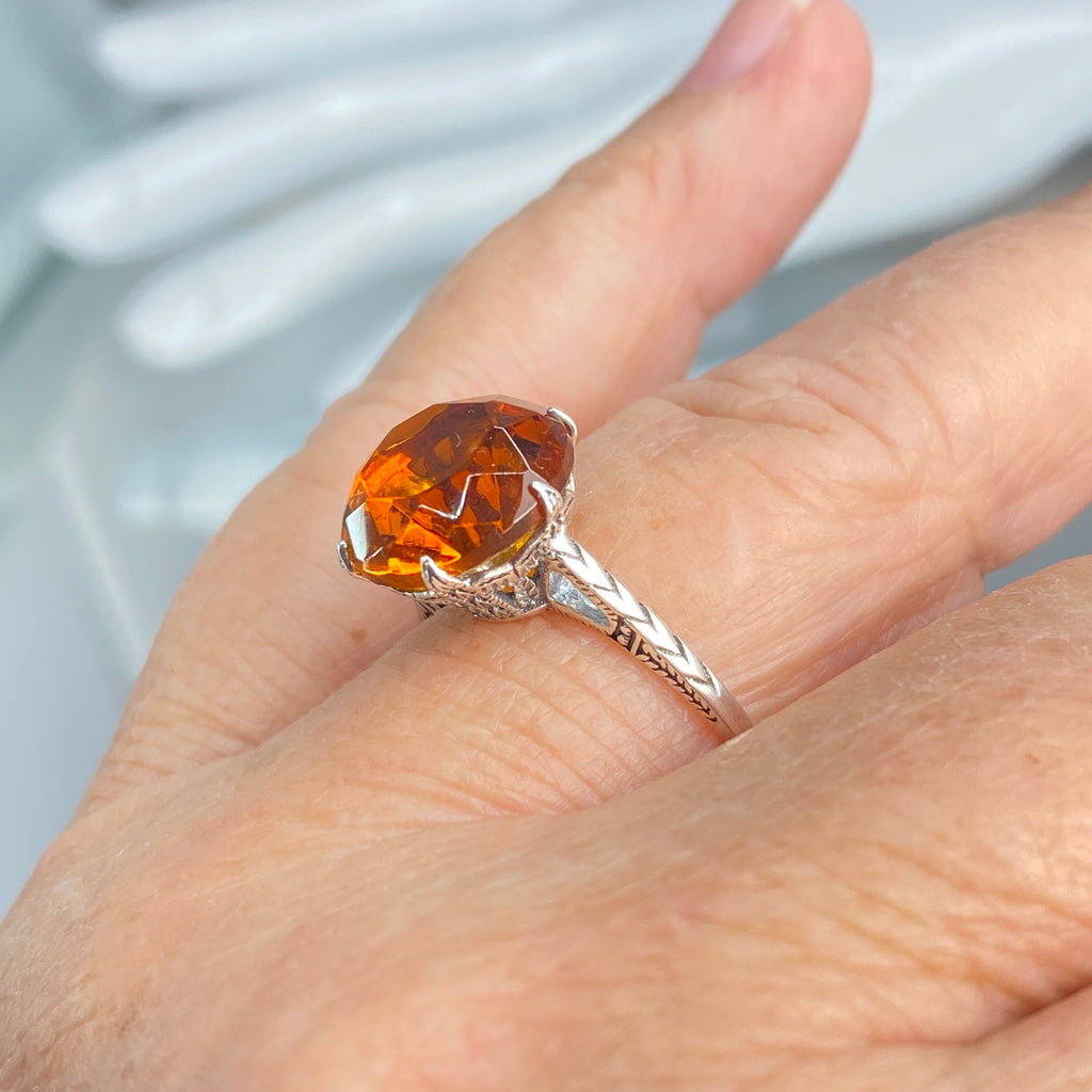 Orange Citrine Ring, simulated gemstone, classic solitaire Victorian style Ring, D37, Cognac Citrine, Silver Embrace Jewelry, Wedding Ring