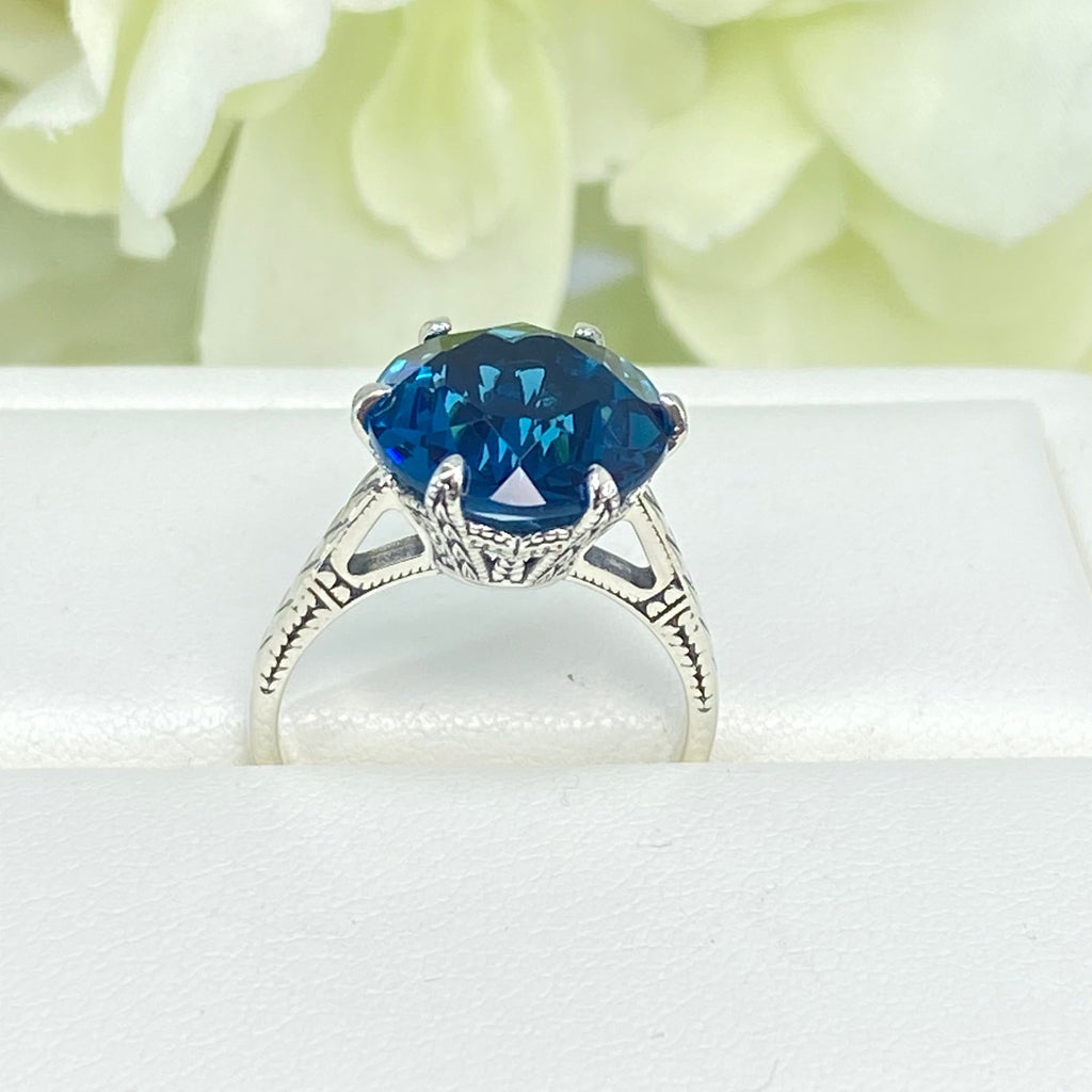 London Blue Topaz Ring, Simulated gemstone, classic solitaire, Victorian sterling silver filigree, Silver Embrace Jewelry D37, 12mm engagement ring
