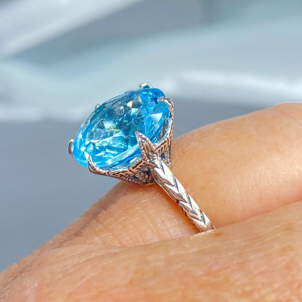 Sky Blue Topaz Ring, Natural gemstone, classic solitaire, Victorian sterling silver filigree