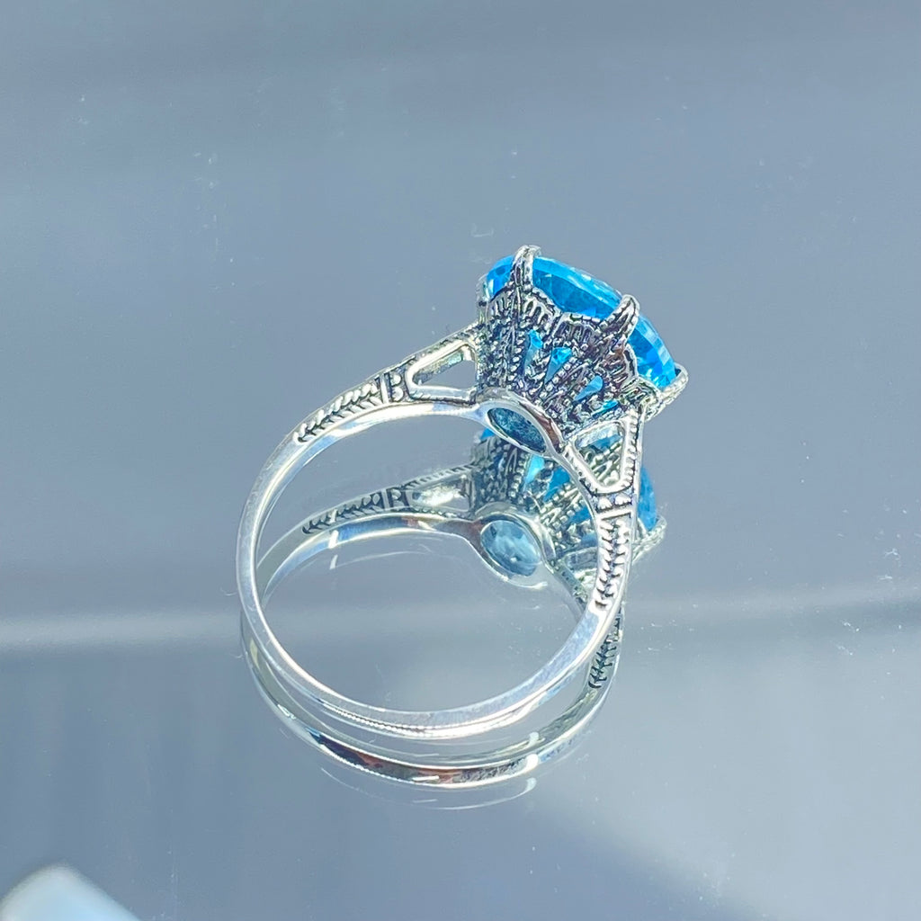 Sky Blue Topaz Ring, Natural gemstone, classic solitaire, Victorian sterling silver filigree