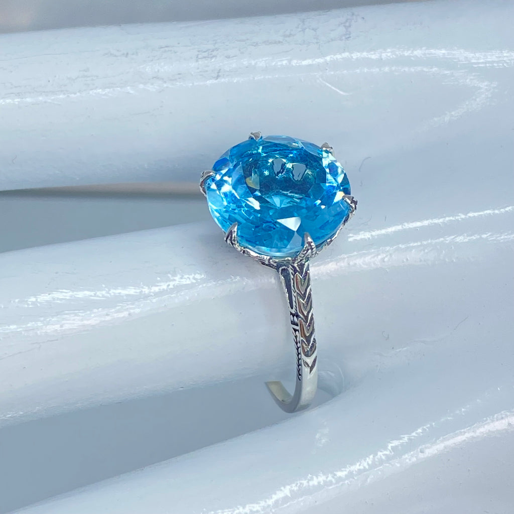 Sky Blue Topaz Ring, Natural gemstone, classic solitaire, Victorian sterling silver filigree