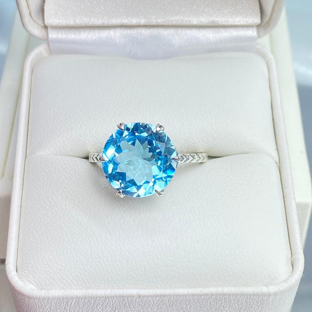 Sky Blue Topaz Ring, Natural gemstone, classic solitaire, Victorian sterling silver filigree