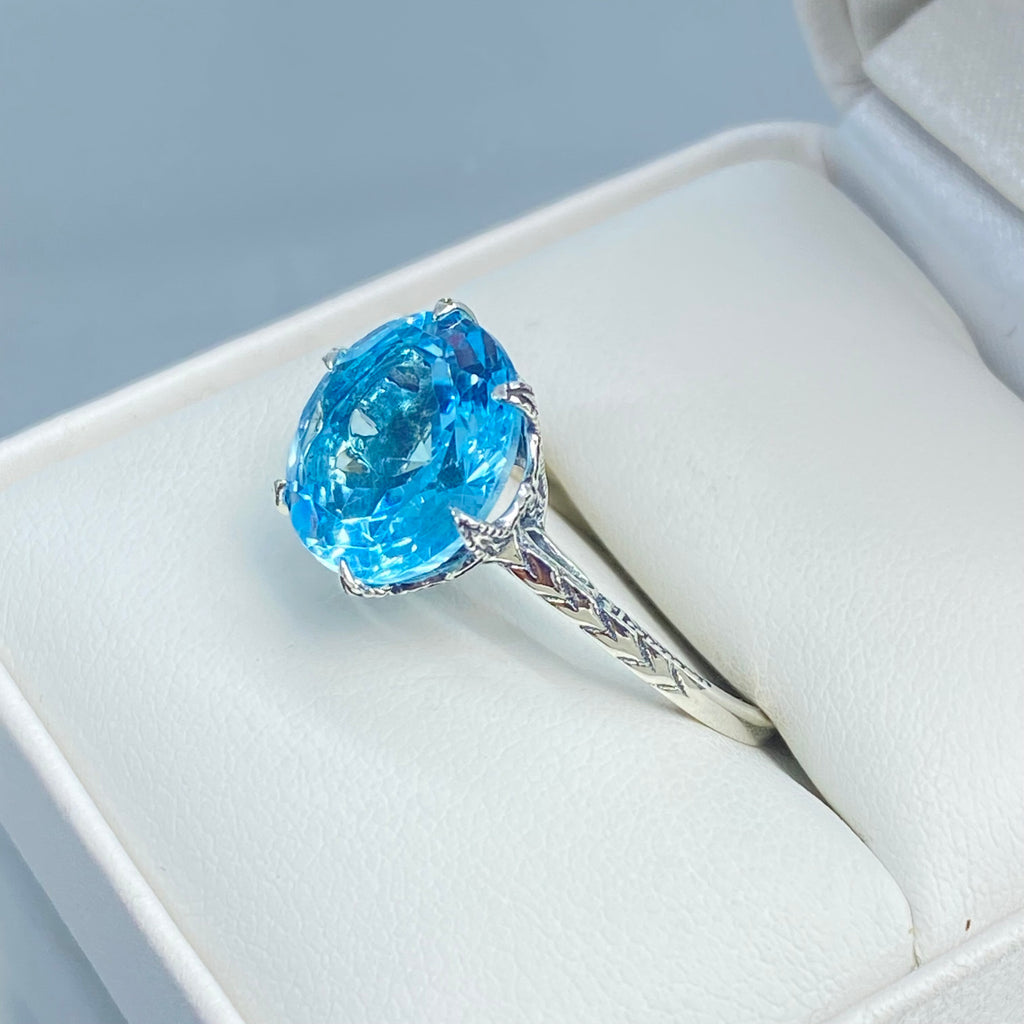 Sky Blue Topaz Ring, Natural gemstone, classic solitaire, Victorian sterling silver filigree