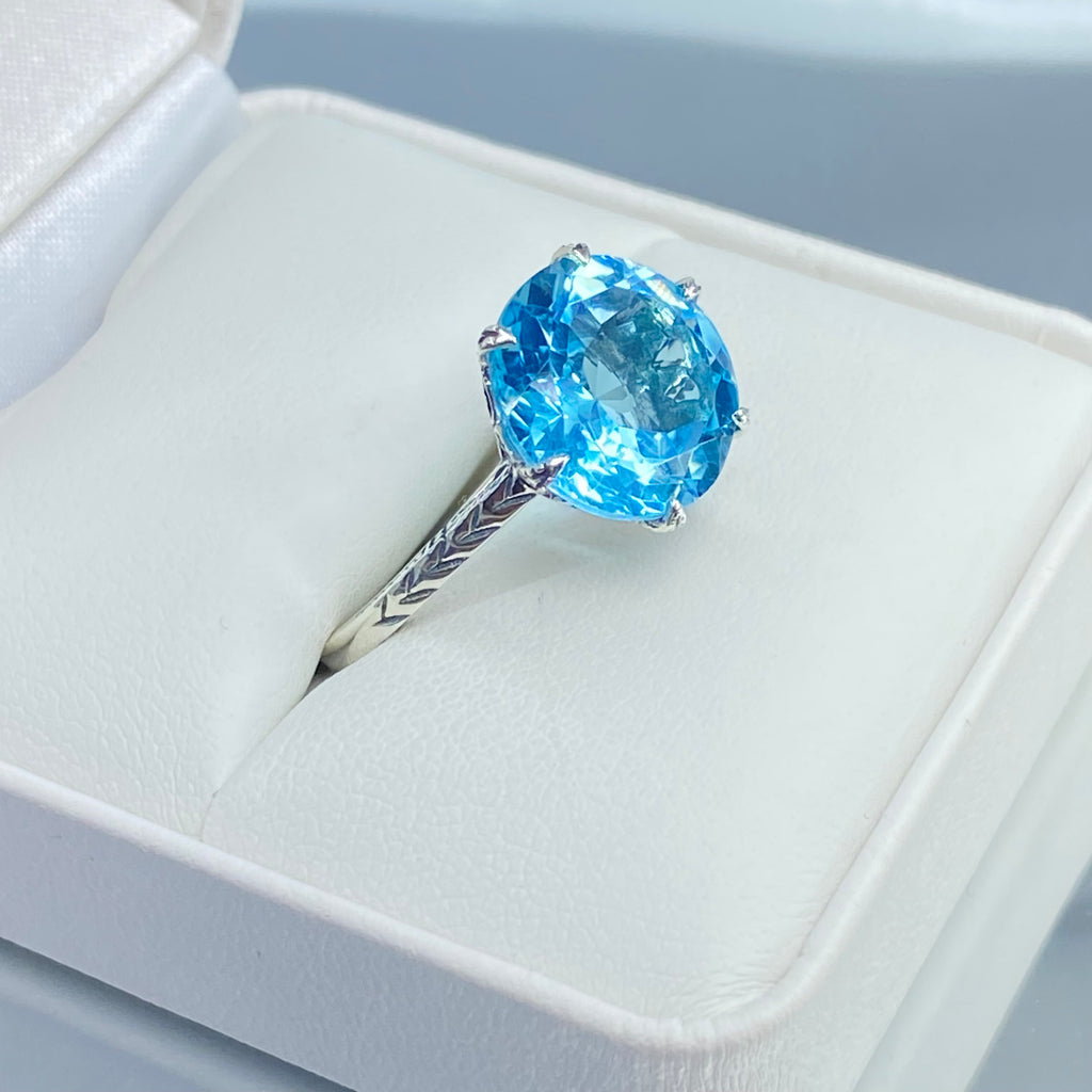 Sky Blue Topaz Ring, Natural gemstone, classic solitaire, Victorian sterling silver filigree