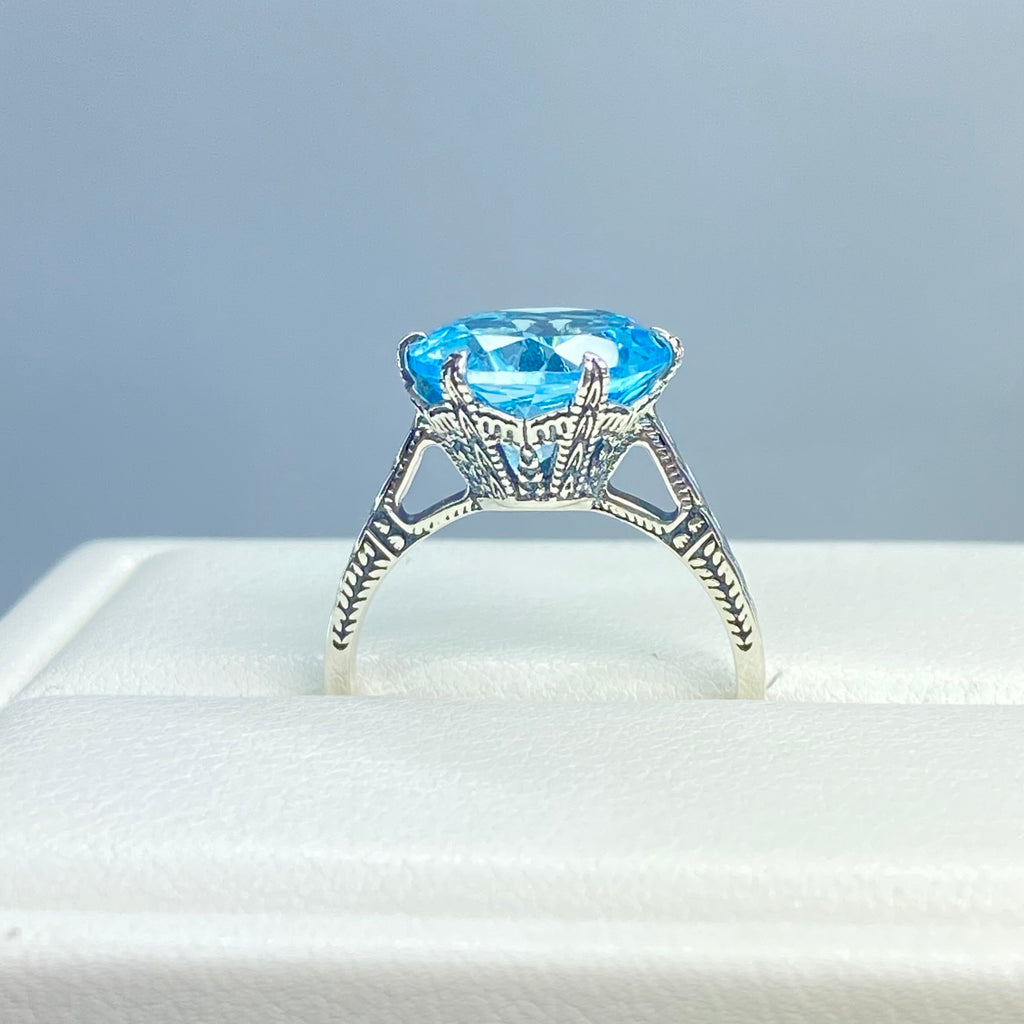 Sky Blue Topaz Ring, Natural gemstone, classic solitaire, Victorian sterling silver filigree