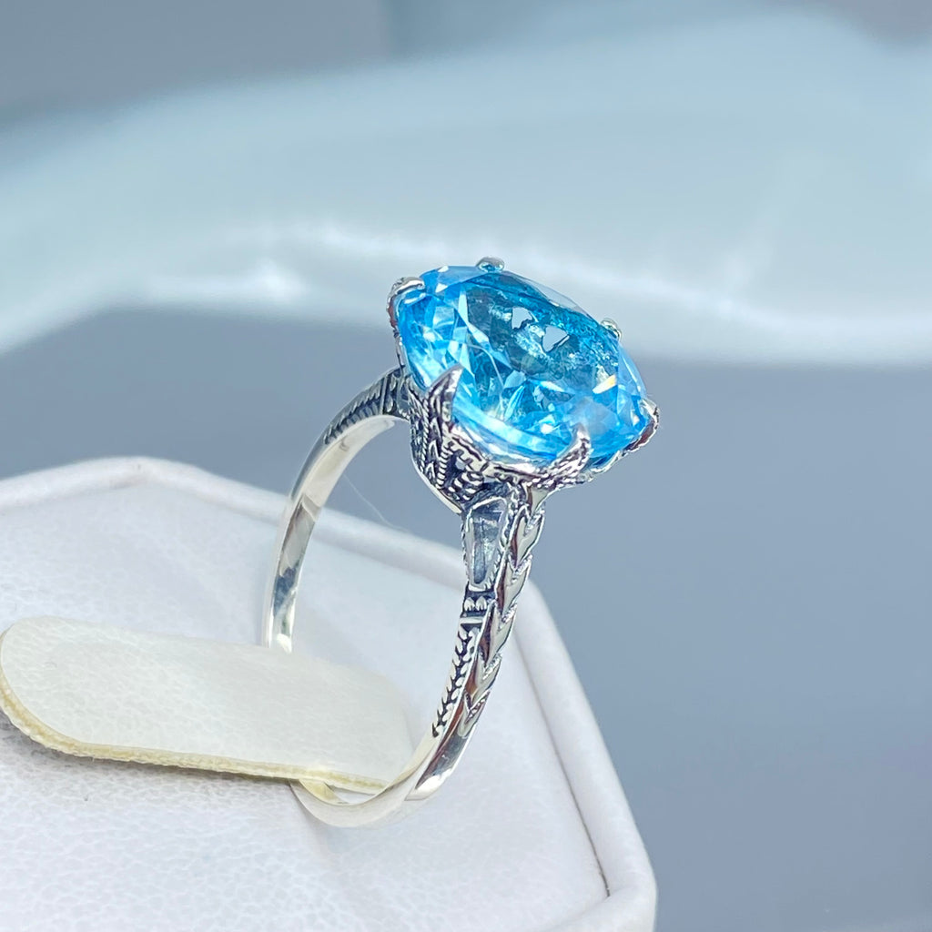 Sky Blue Topaz Ring, Natural gemstone, classic solitaire, Victorian sterling silver filigree