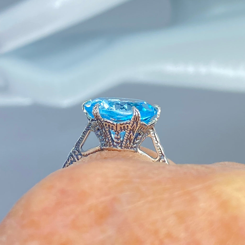 Sky Blue Topaz Ring, Natural gemstone, classic solitaire, Victorian sterling silver filigree