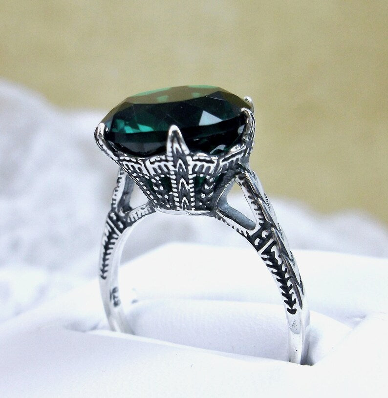 Green Natural Emerald Ring, Natural gemstone, classic solitaire Victorian style Ring- Sterling silver filigree, silver embrace Jewelry, D37
