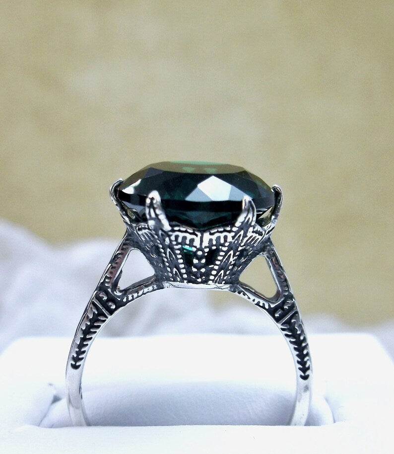 Green Natural Emerald Ring, Natural gemstone, classic solitaire Victorian style Ring- Sterling silver filigree, silver embrace Jewelry, D37
