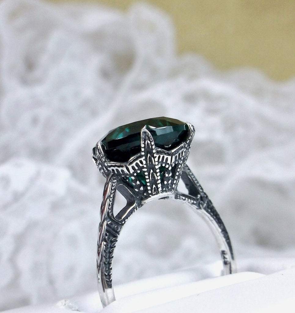 Green Natural Emerald Ring, Natural gemstone, classic solitaire Victorian style Ring- Sterling silver filigree, silver embrace Jewelry, D37
