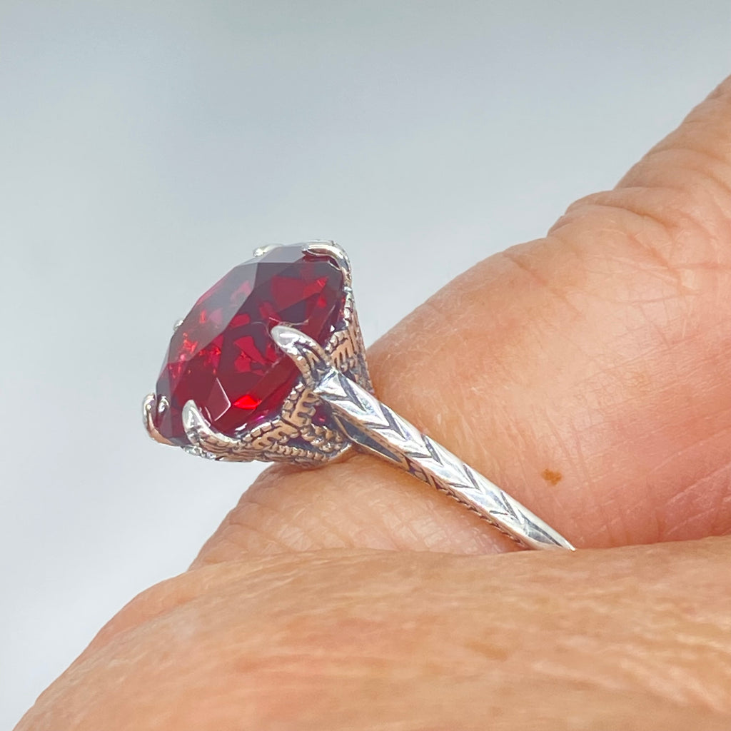 Red Ruby Ring, simulated gemstone, classic solitaire Victorian style Ring, D37, 100 year Ring, 