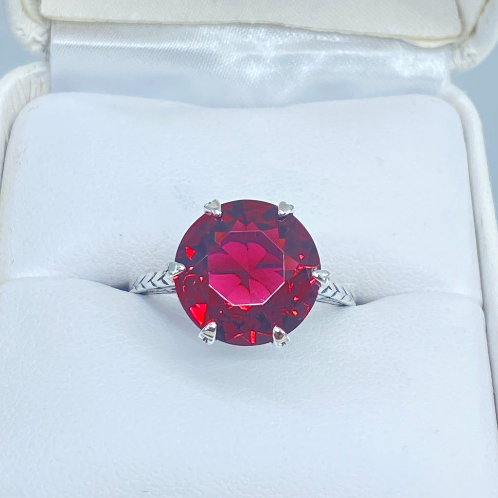 Red Ruby Ring, simulated gemstone, classic solitaire Victorian style Ring, D37, 100 year Ring, 