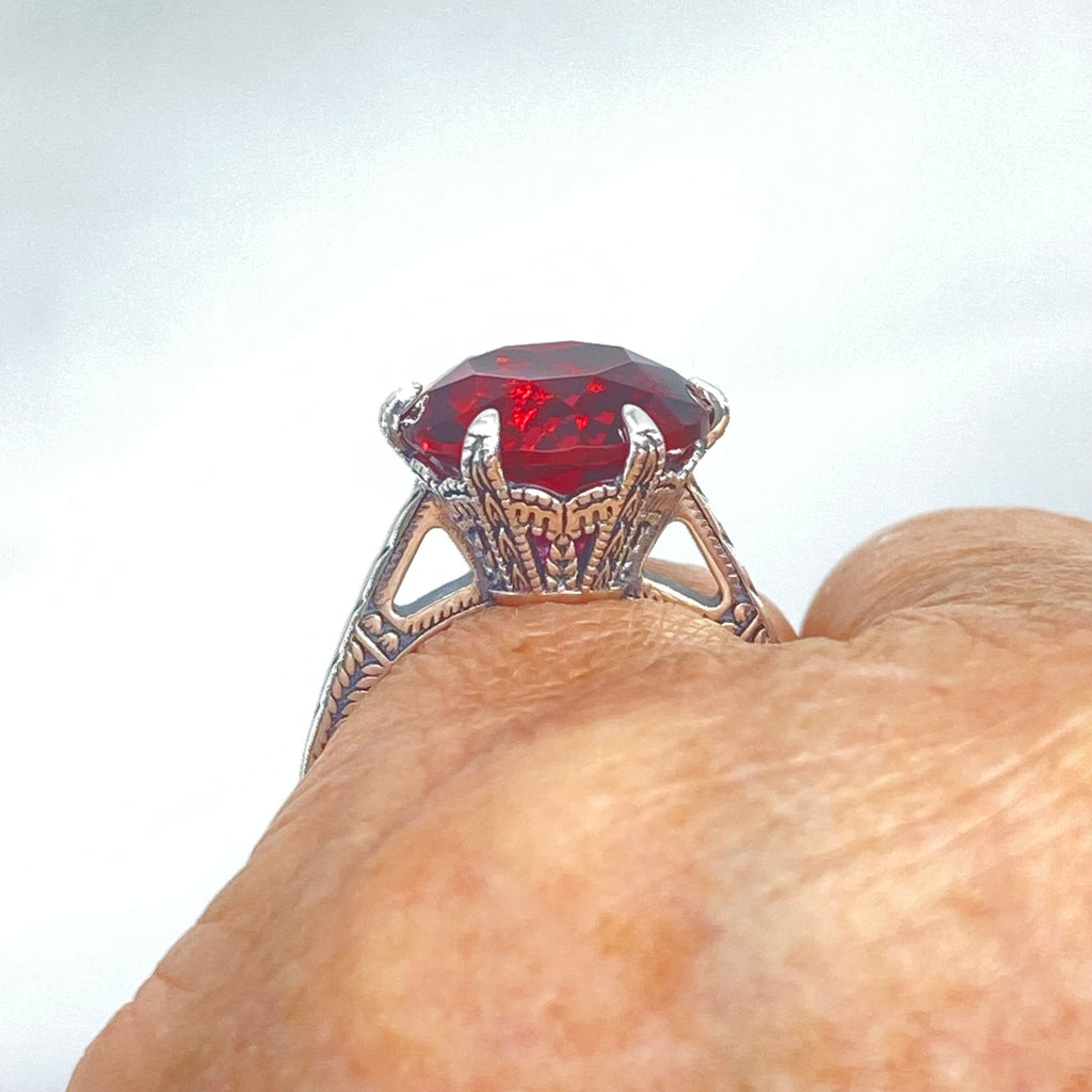 Red Ruby Ring, simulated gemstone, classic solitaire Victorian style Ring, D37, 100 year Ring, 
