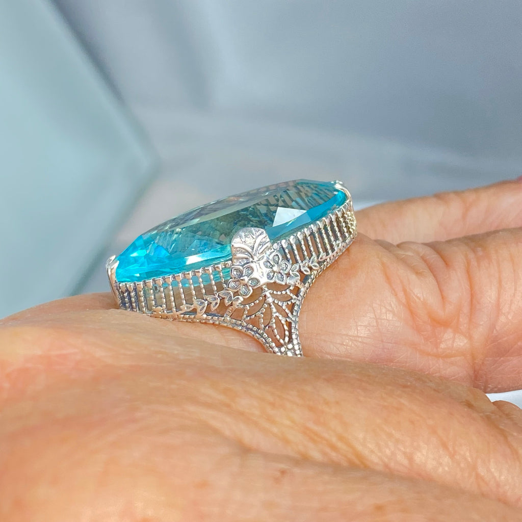 Aquamarine Ring, Marquise Simulated Gemstone, Sterling silver palisade filigree, D39, Silver Embrace Jewelry