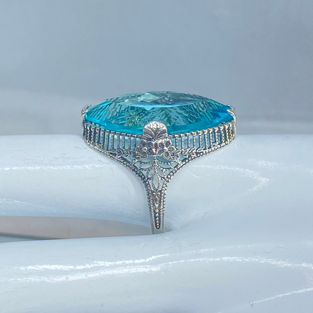 Aquamarine Ring, Marquise Simulated Gemstone, Sterling silver palisade filigree, D39, Silver Embrace Jewelry