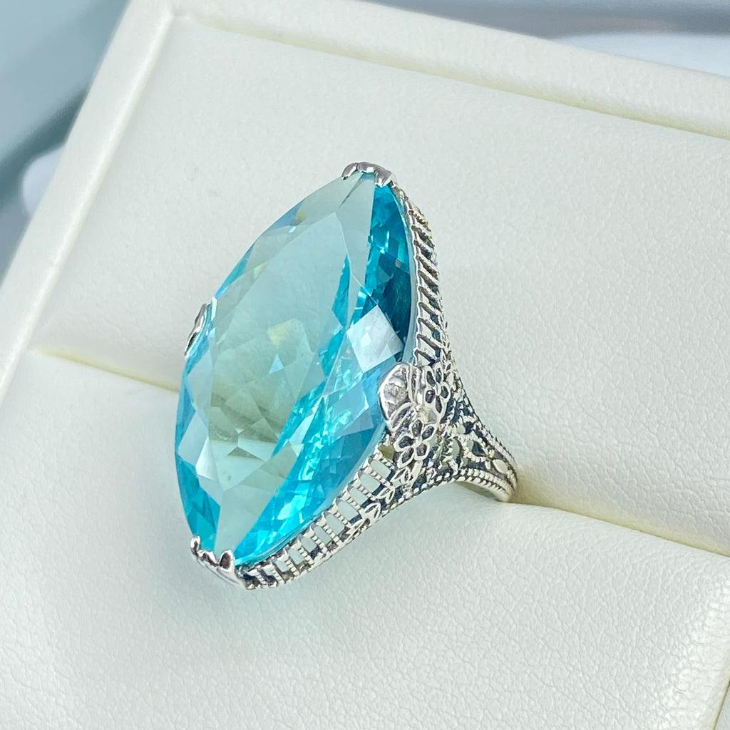 Aquamarine Ring, Marquise Simulated Gemstone, Sterling silver palisade filigree, D39, Silver Embrace Jewelry