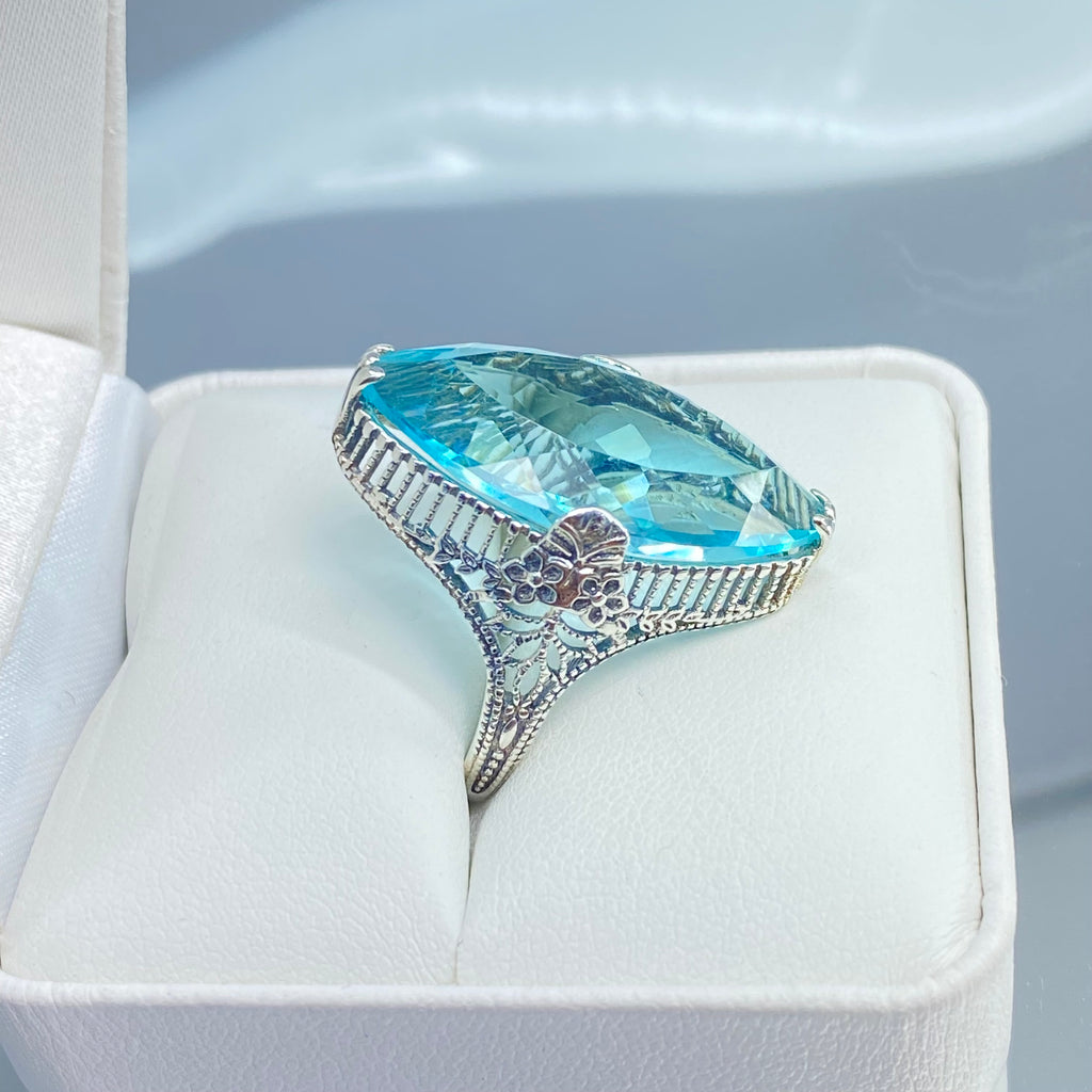 Aquamarine Ring, Marquise Simulated Gemstone, Sterling silver palisade filigree, D39, Silver Embrace Jewelry