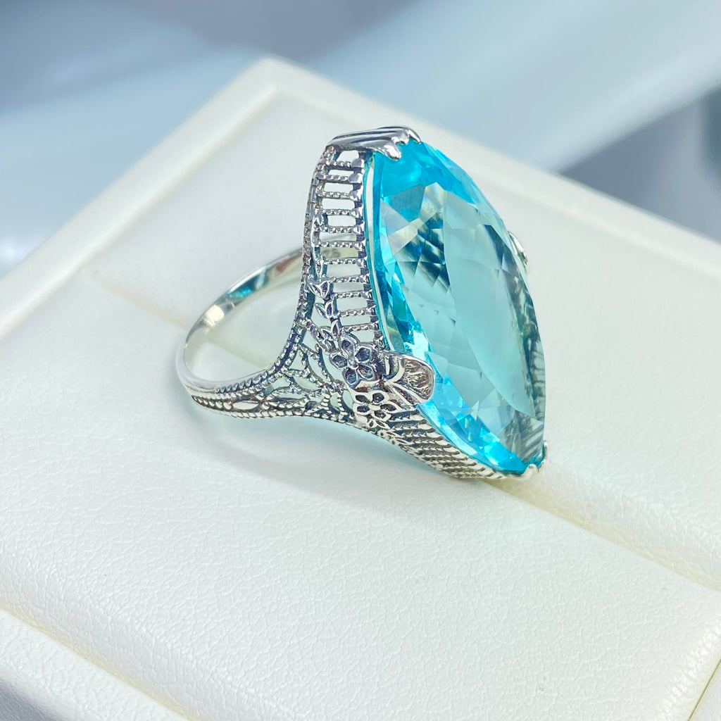 Aquamarine Ring, Marquise Simulated Gemstone, Sterling silver palisade filigree, D39, Silver Embrace Jewelry