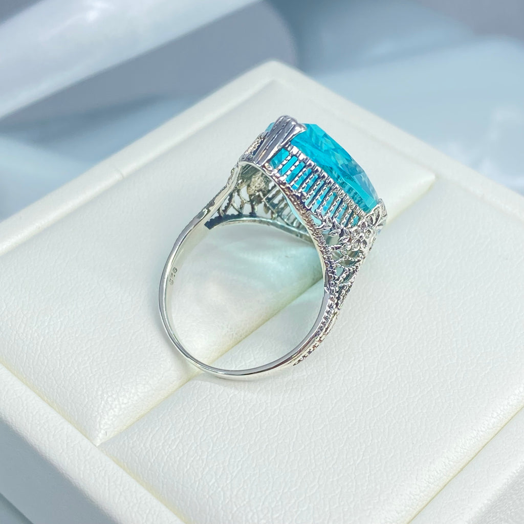 Aquamarine Ring, Marquise Simulated Gemstone, Sterling silver palisade filigree, D39, Silver Embrace Jewelry