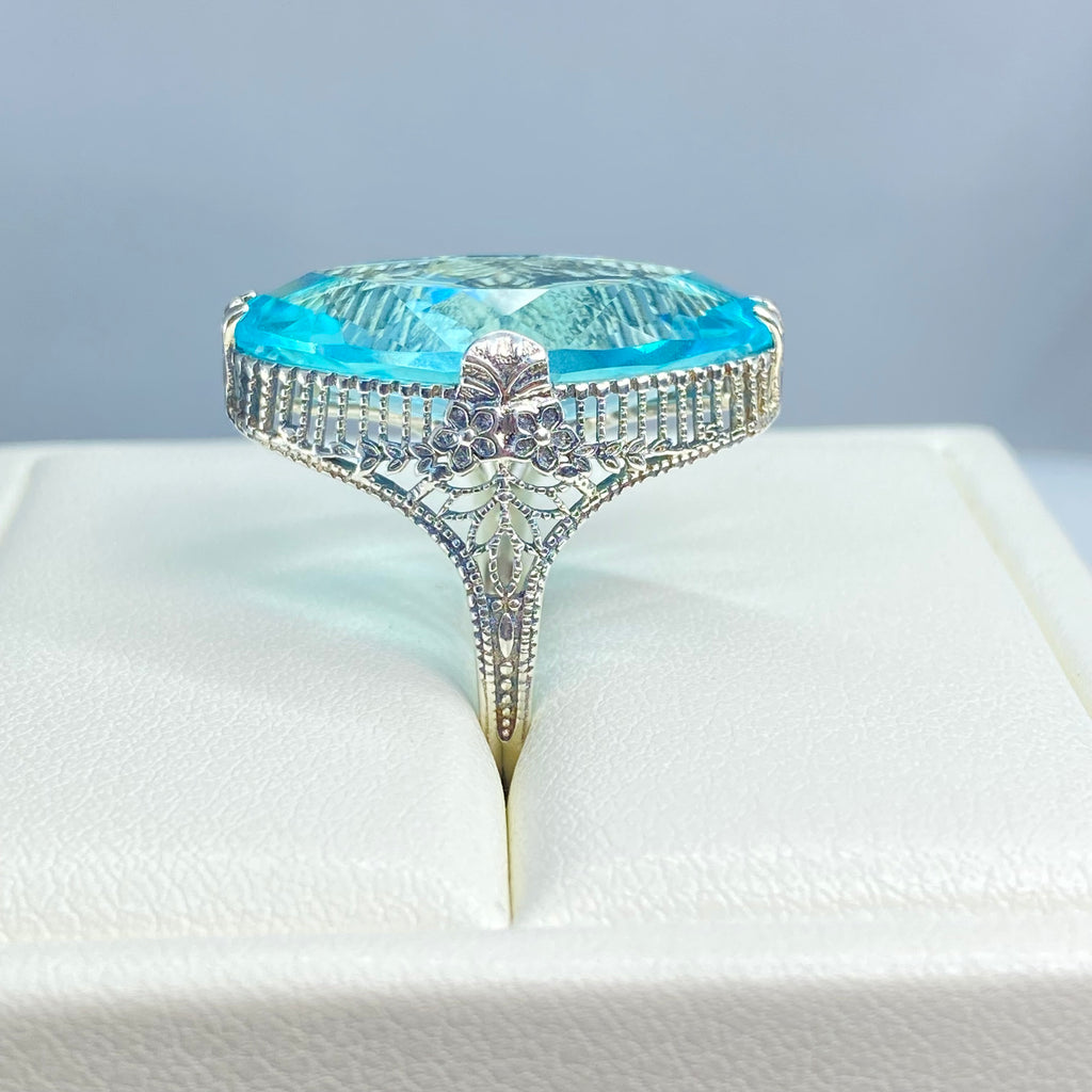 Aquamarine Ring, Marquise Simulated Gemstone, Sterling silver palisade filigree, D39, Silver Embrace Jewelry