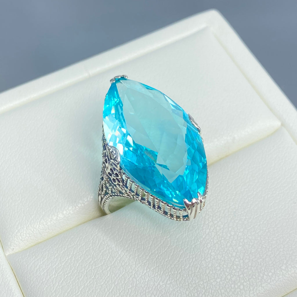 Aquamarine Ring, Marquise Simulated Gemstone, Sterling silver palisade filigree, D39, Silver Embrace Jewelry