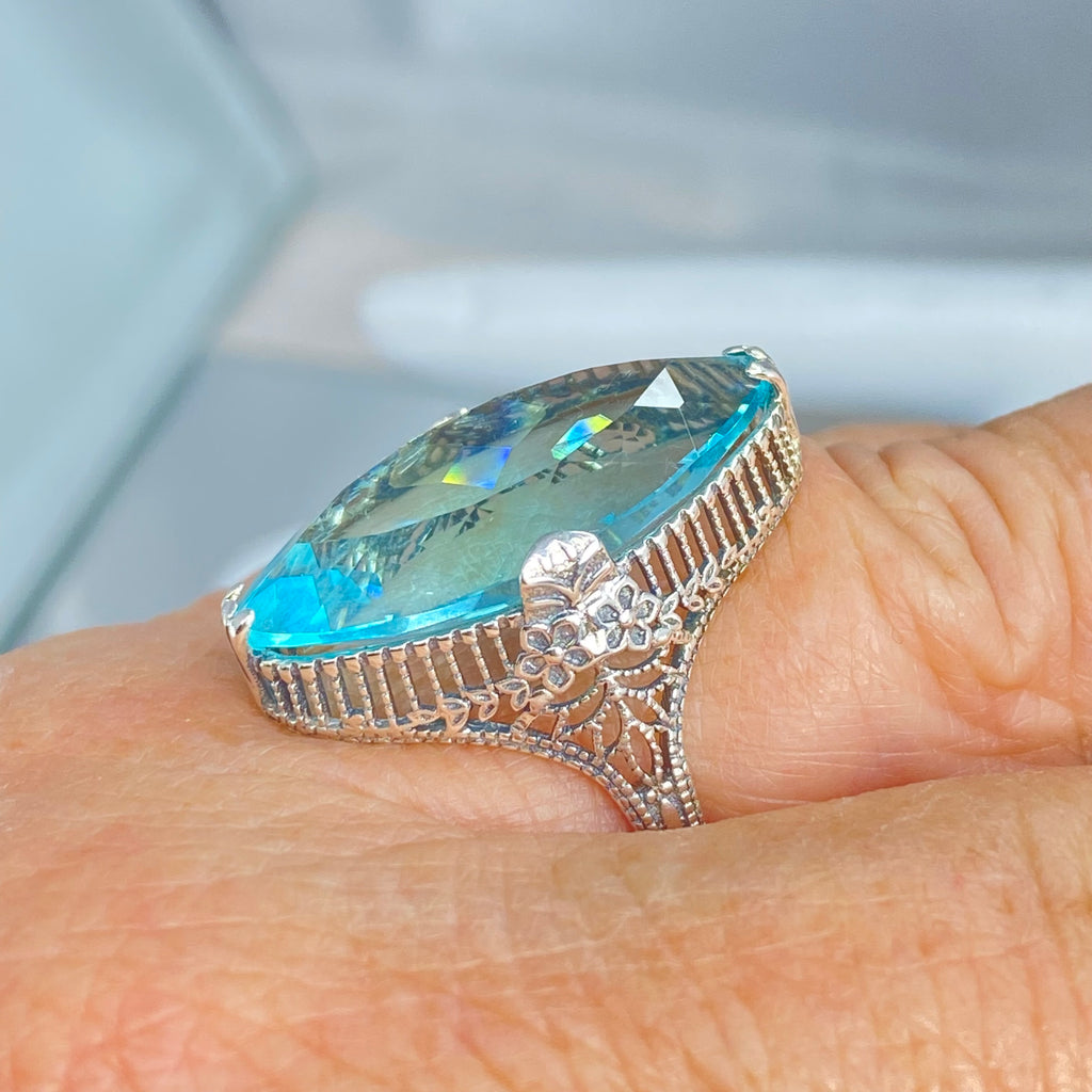 Aquamarine Ring, Marquise Simulated Gemstone, Sterling silver palisade filigree, D39, Silver Embrace Jewelry