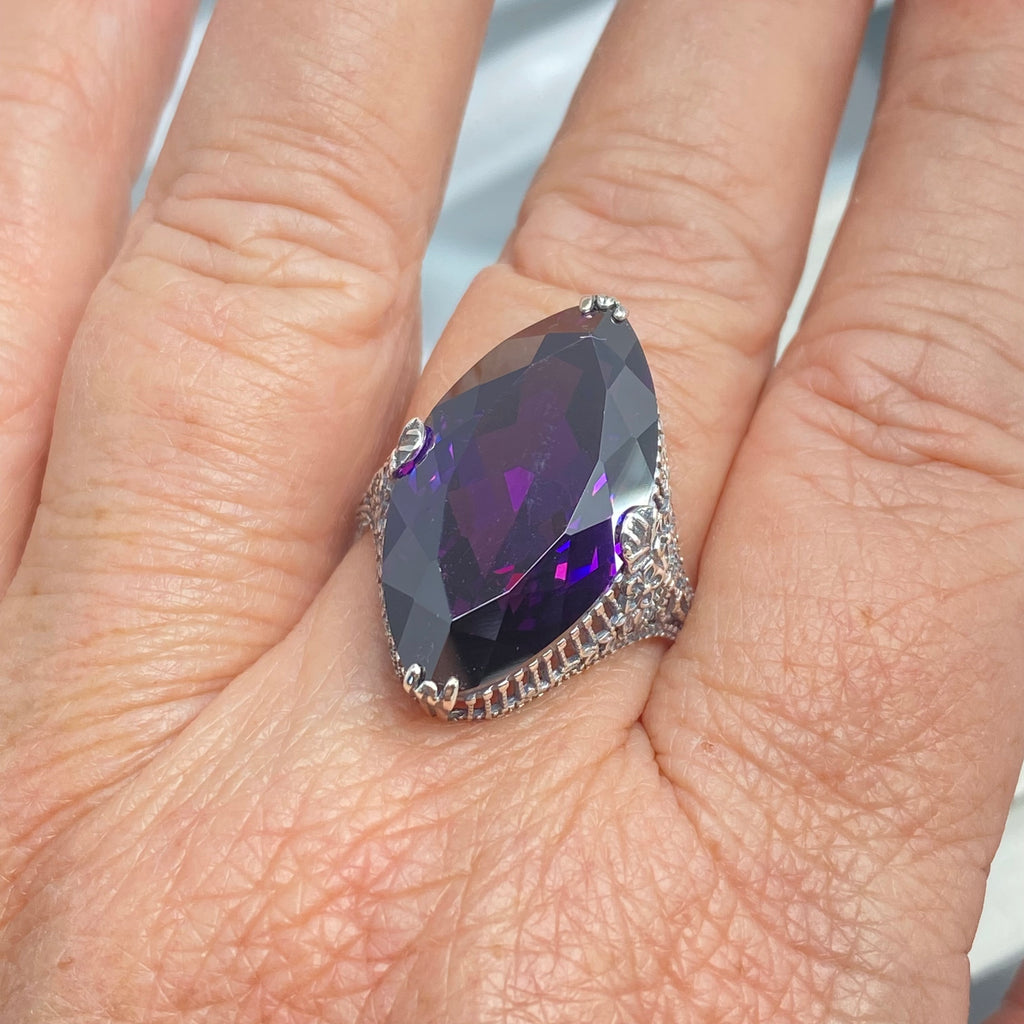 Purple Amethyst CZ Ring, Marquise Cubic Zirconia Gemstone, Sterling silver palisade filigree, D39, Silver Embrace Jewelry