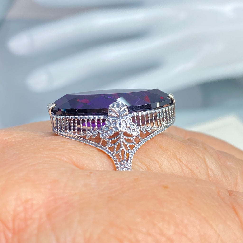 Purple Amethyst CZ Ring, Marquise Cubic Zirconia Gemstone, Sterling silver palisade filigree, D39, Silver Embrace Jewelry