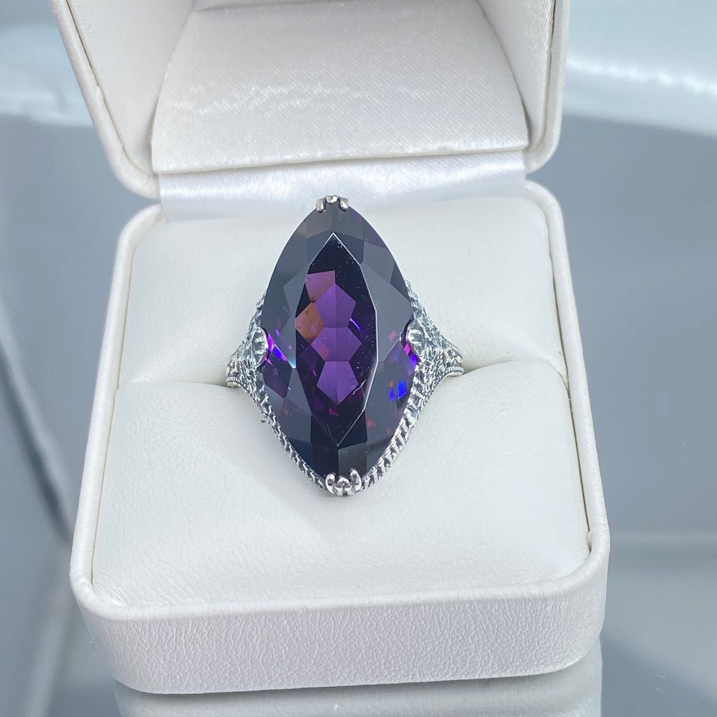 Purple Amethyst CZ Ring, Marquise Cubic Zirconia Gemstone, Sterling silver palisade filigree, D39, Silver Embrace Jewelry