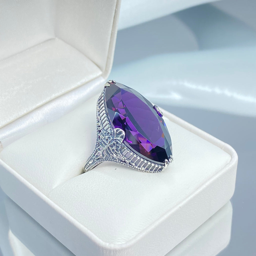 Purple Amethyst CZ Ring, Marquise Cubic Zirconia Gemstone, Sterling silver palisade filigree, D39, Silver Embrace Jewelry