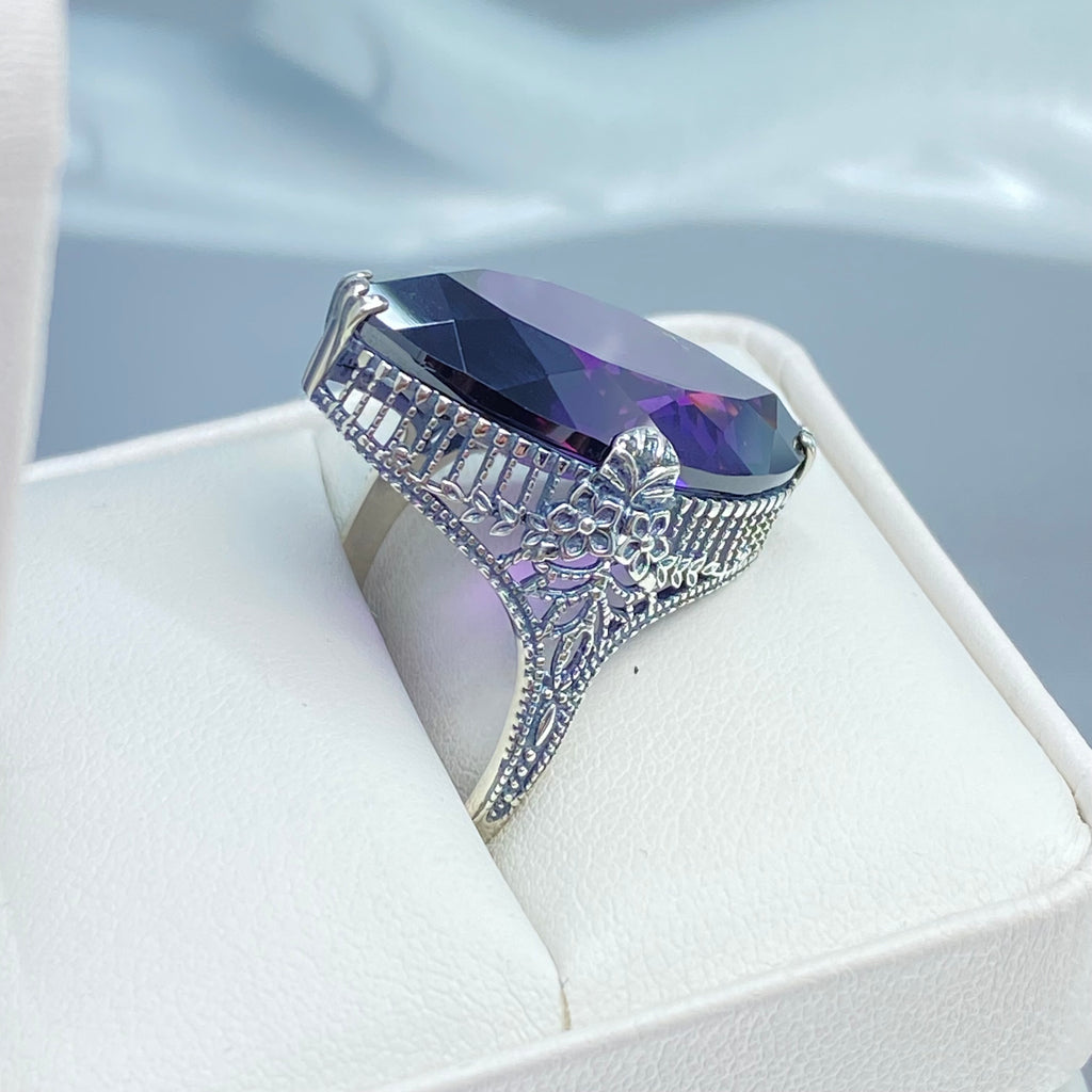 Purple Amethyst CZ Ring, Marquise Cubic Zirconia Gemstone, Sterling silver palisade filigree, D39, Silver Embrace Jewelry