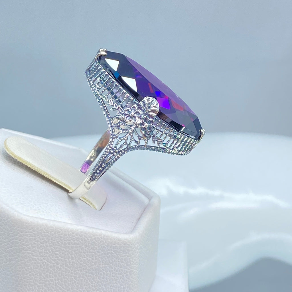 Purple Amethyst CZ Ring, Marquise Cubic Zirconia Gemstone, Sterling silver palisade filigree, D39, Silver Embrace Jewelry