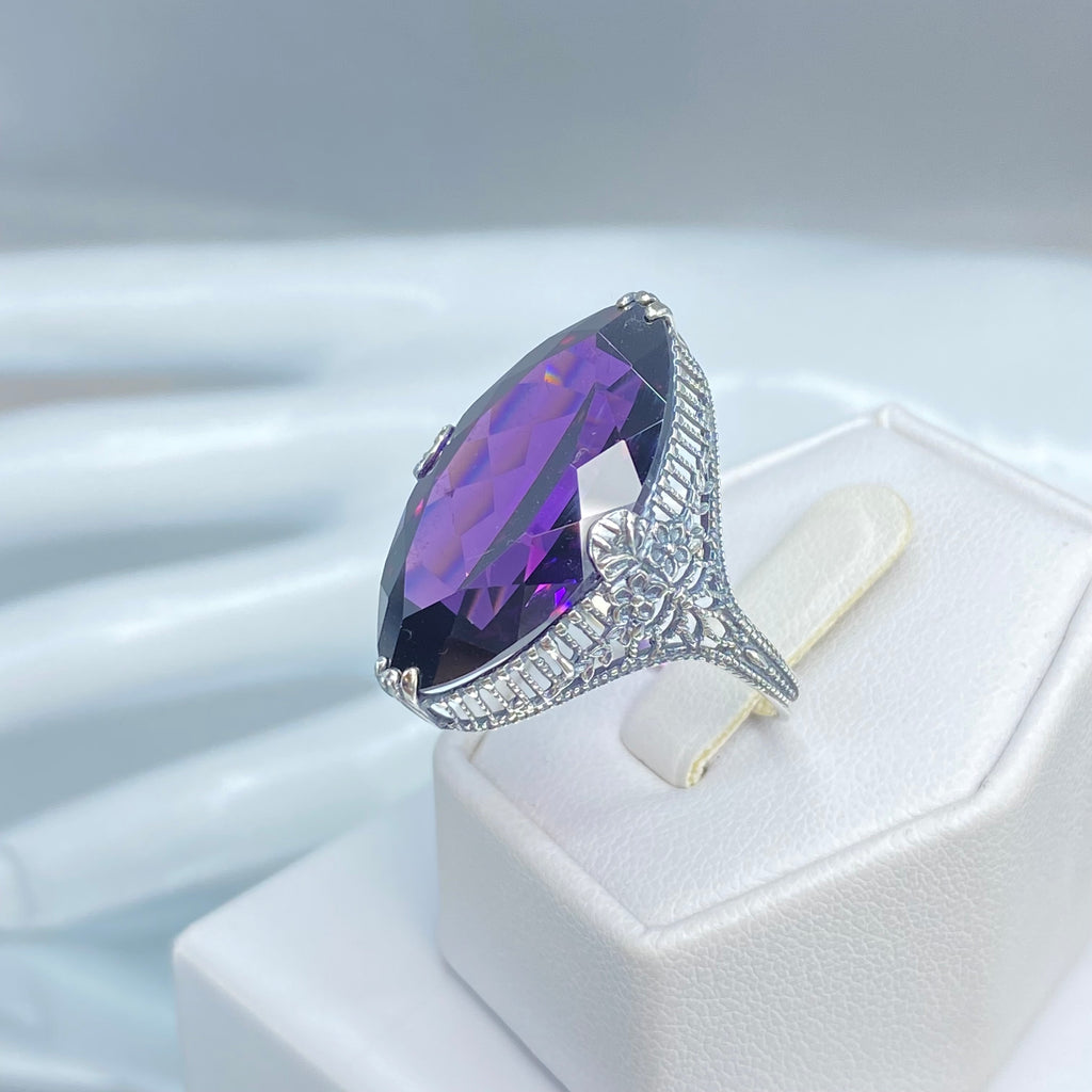 Purple Amethyst CZ Ring, Marquise Cubic Zirconia Gemstone, Sterling silver palisade filigree, D39, Silver Embrace Jewelry