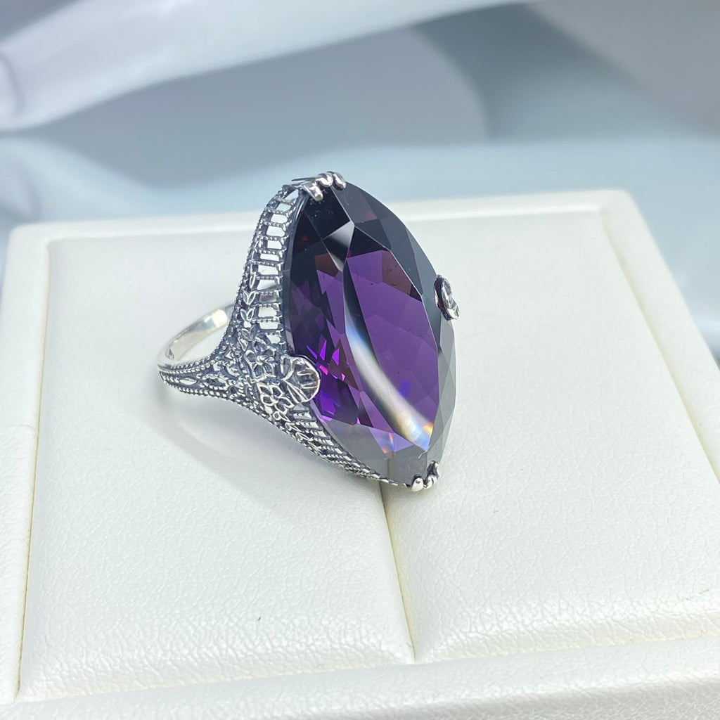 Purple Amethyst CZ Ring, Marquise Cubic Zirconia Gemstone, Sterling silver palisade filigree, D39, Silver Embrace Jewelry