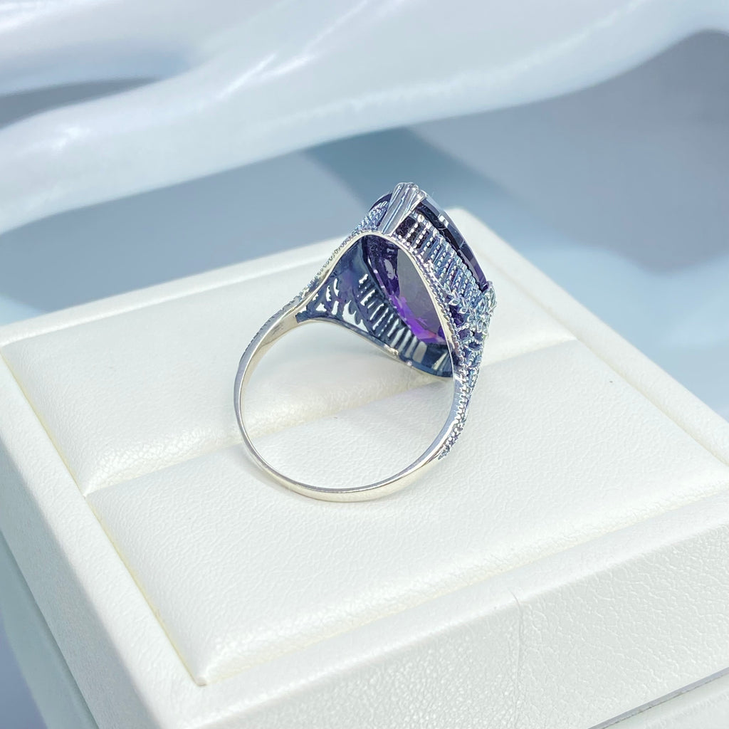 Purple Amethyst CZ Ring, Marquise Cubic Zirconia Gemstone, Sterling silver palisade filigree, D39, Silver Embrace Jewelry