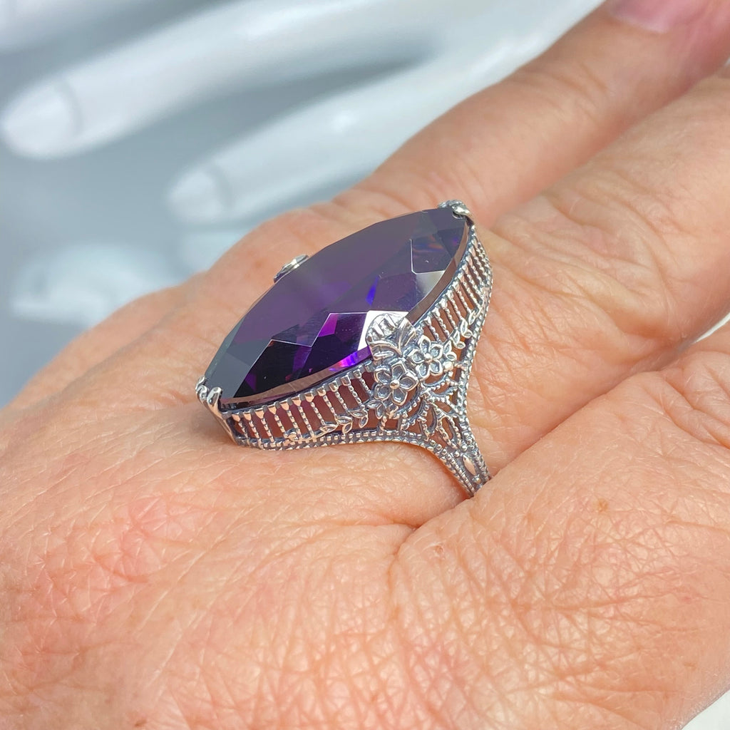 Purple Amethyst CZ Ring, Marquise Cubic Zirconia Gemstone, Sterling silver palisade filigree, D39, Silver Embrace Jewelry