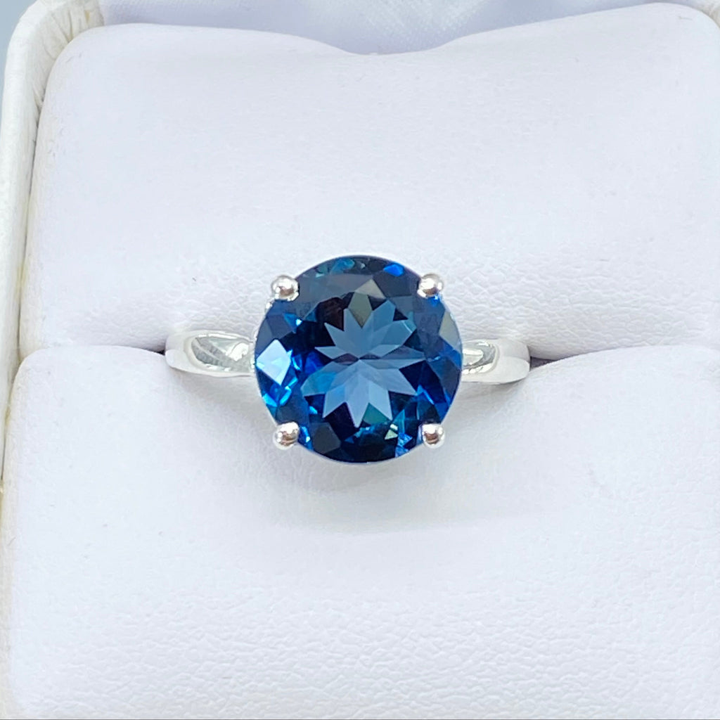 Natural London Blue Topaz Ring, K Design, Swirl Art Nouveau style sterling silver filigree, silver embrace jewelry, D4, K Ring